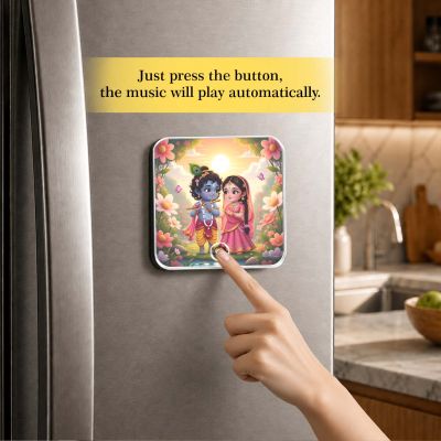 Shri Radha Krishna Musical Fridge Magnet Religious Decoration for Pooja Room, Home Decor Item for Living Room, Office Music Player with Rechargeable Speaker Spiritual Gift for Birthday